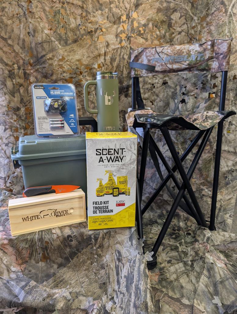 7th - folding stool, headlamp, Scent-A-Way, ammo box, exclusive Deer for Gear mug & White River knife