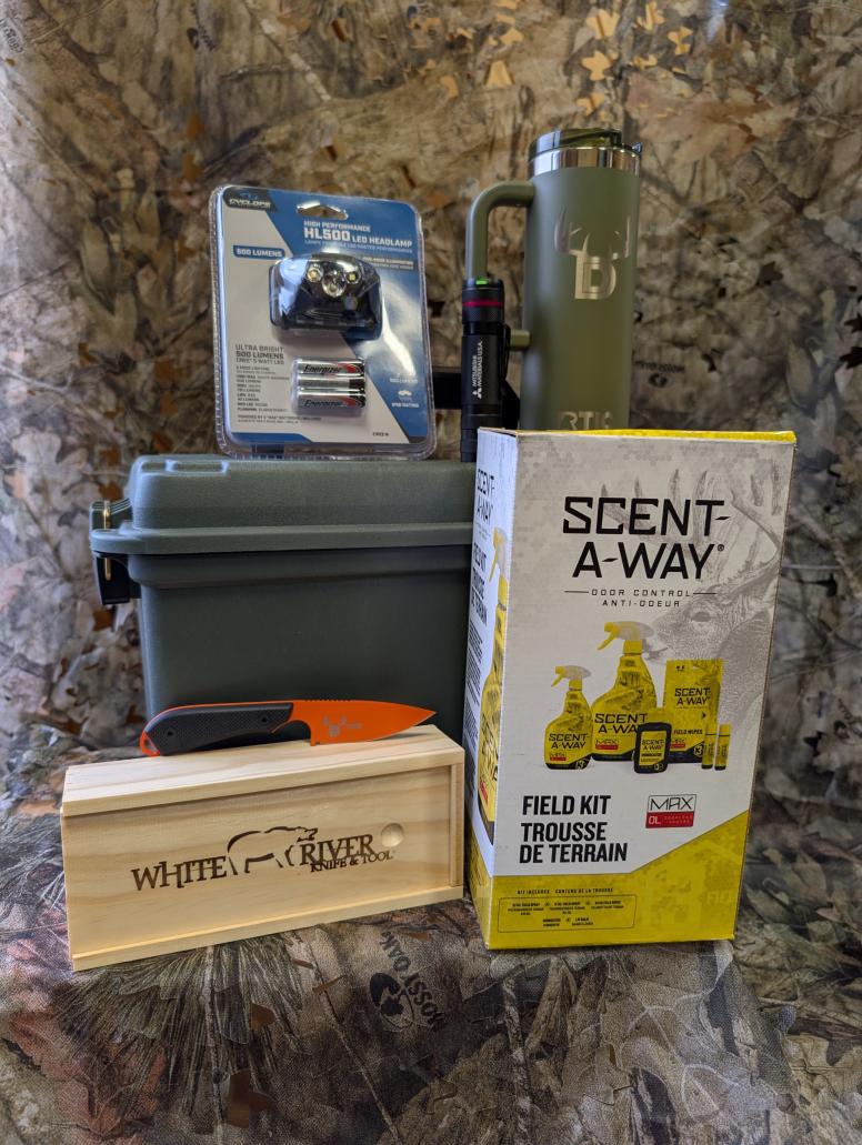 8th - headlamp, ammo box, Scent-A-Way, Mitsubishi flashflight, exclusive Deer for Gear mug & White River knife