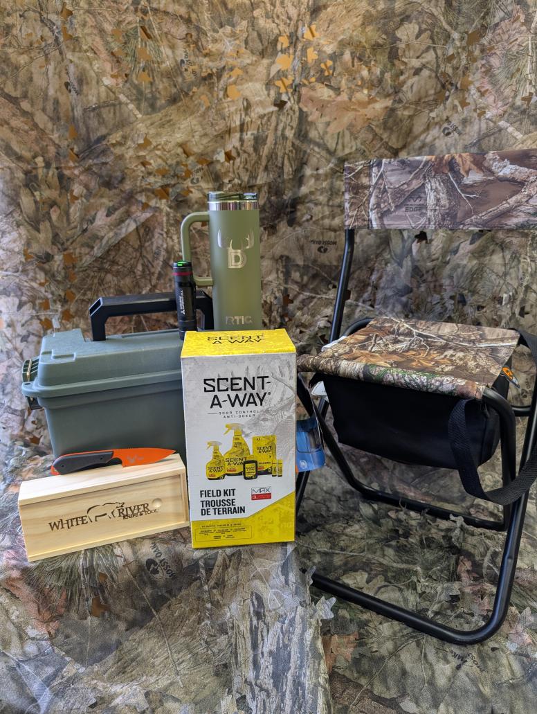 9th - folding stool, Scent-A-Way, ammo box, Mitsubishi flashlight, exclusive Deer for Gear mug and White River knife