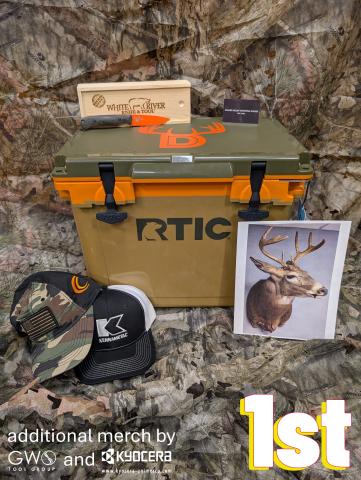 1st place - deer mount, Grand Valley Sporting Goods gift card, White River custom knife, custom cooler, vendor merch