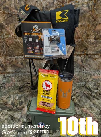 10th - headlamp, Dead Down Wind kit, chair, custom RTIC, ammo box, Scent Killer dryer sheets & vendor merch