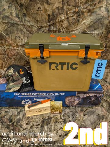 2nd - White River custom knife, custom cooler, camera, Extreme Pro blind, Visa gift card from Wells Index, vendor merch