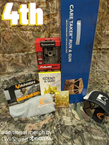 4th - camera, Caretaker blind, Visa gift card from Wells Index, Scent-A-Way kit, camo net & vendor merch