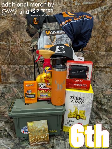 6th - range finder, Visa gift card from Wells Index, Scent-A-Way kit, chair, custom RTIC & vendor merch