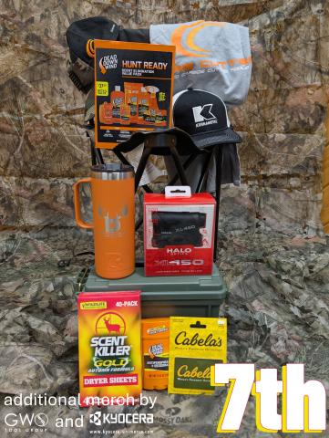 7th - range finder, Cabela's gift card from GWS, Dead Down Wind kit, chair, custom RTIC, ammo box, Scent Killer dryer sheets & vendor merch