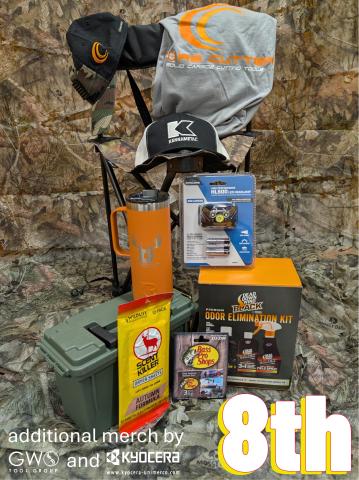 8th - headlamp, Cabela's gift card from GWS, Dead Down Wind kit, chair, custom RTIC, ammo box, Scent Killer dryer sheets & vendor merch