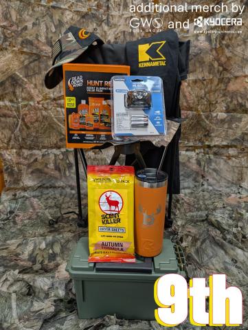 9th - headlamp, Dead Down Wind kit, chair, custom RTIC, ammo box, Scent Killer dryer sheets & vendor merch