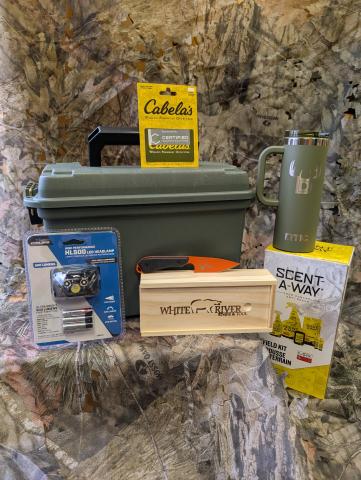 6th - Cabela's gift card from Certified Building Solutions, headlamp, ammo box, Scent-A-Way, exclusive Deer for Gear mug & White River knife